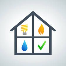 House icon with energy-related symbols: a lightbulb, flame, water droplet, and a checkmark, representing home energy efficiency.