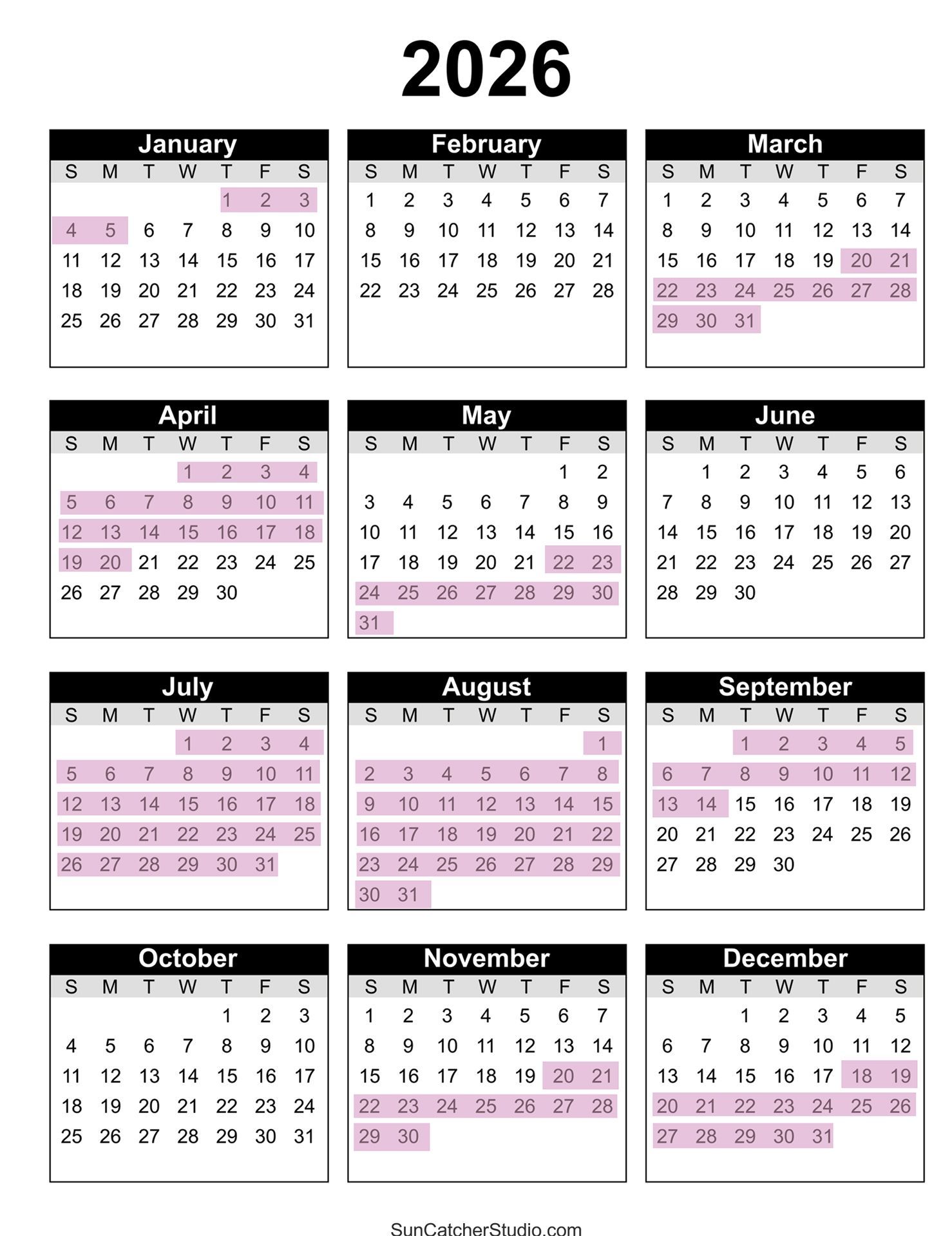 2025 calendar highlighting peak seasons in pink. Includes all 12 months, with specific dates marked in each month.