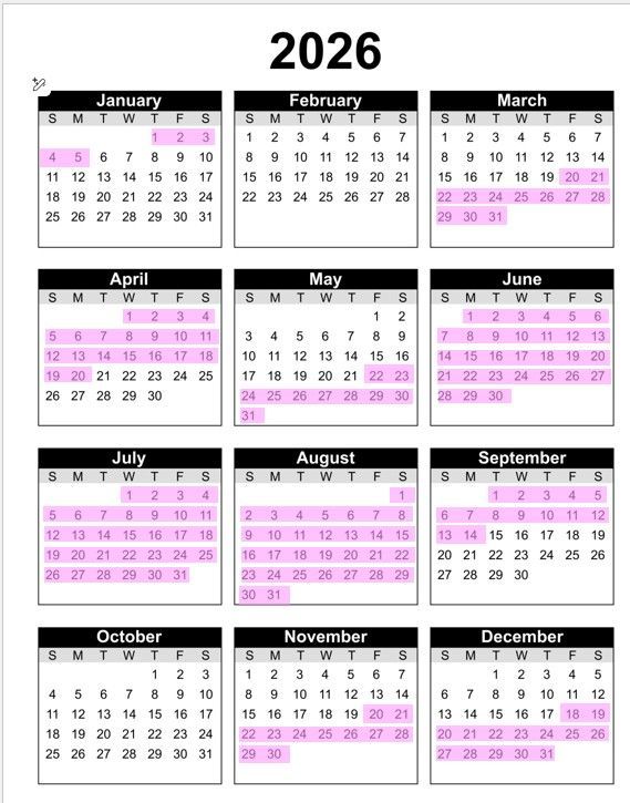 2025 calendar highlighting peak seasons in pink. Includes all 12 months, with specific dates marked in each month.