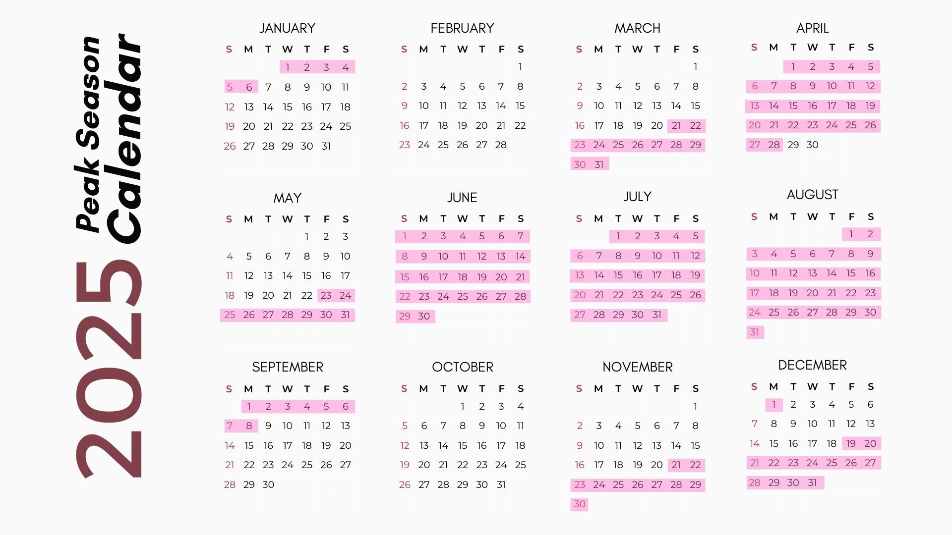 2025 calendar highlighting peak seasons in pink. Includes all 12 months, with specific dates marked in each month.