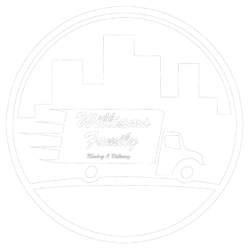 A black and white drawing of a delivery truck in a circle.