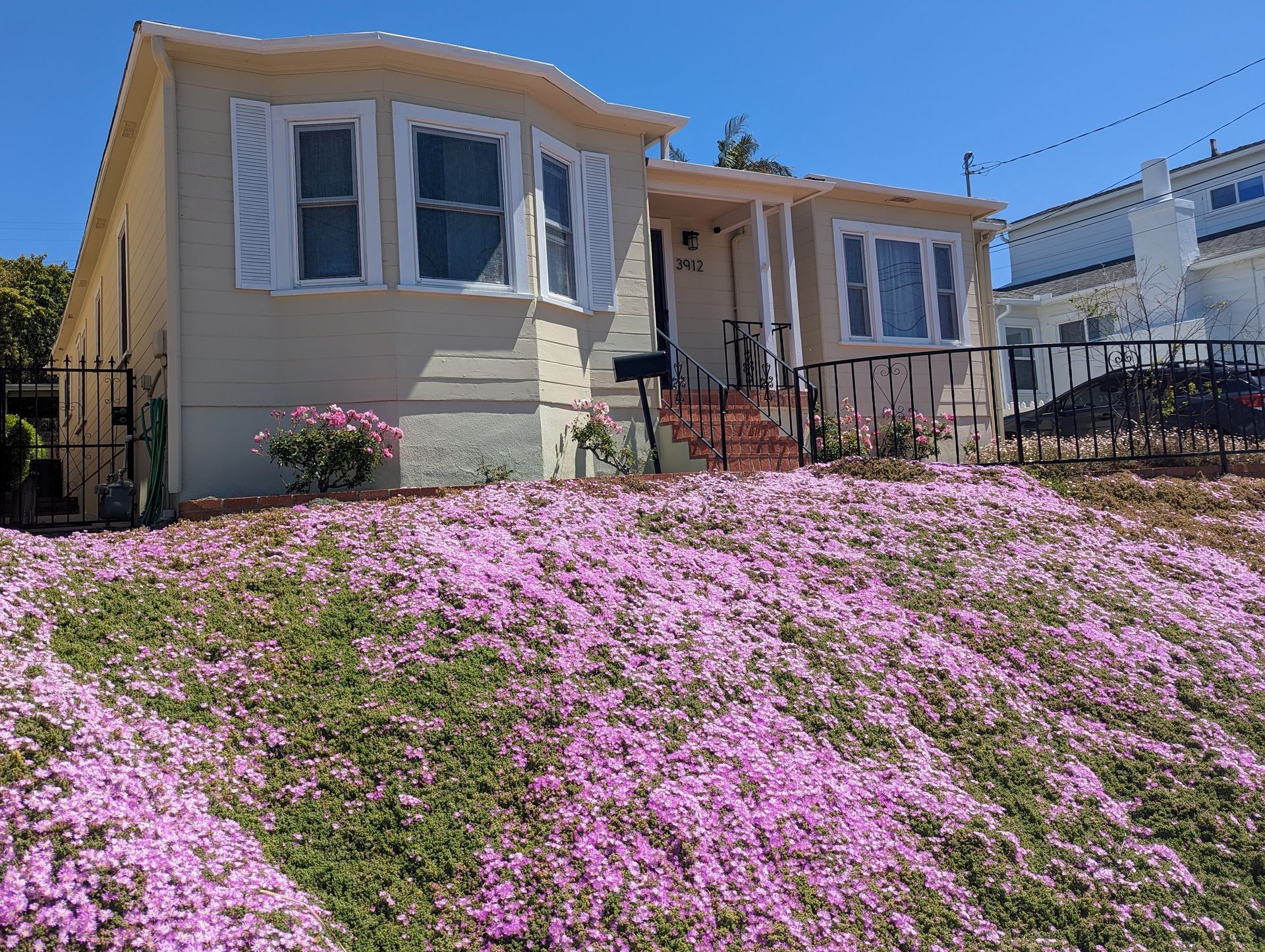 A house with a lot of pink flowers in front of it