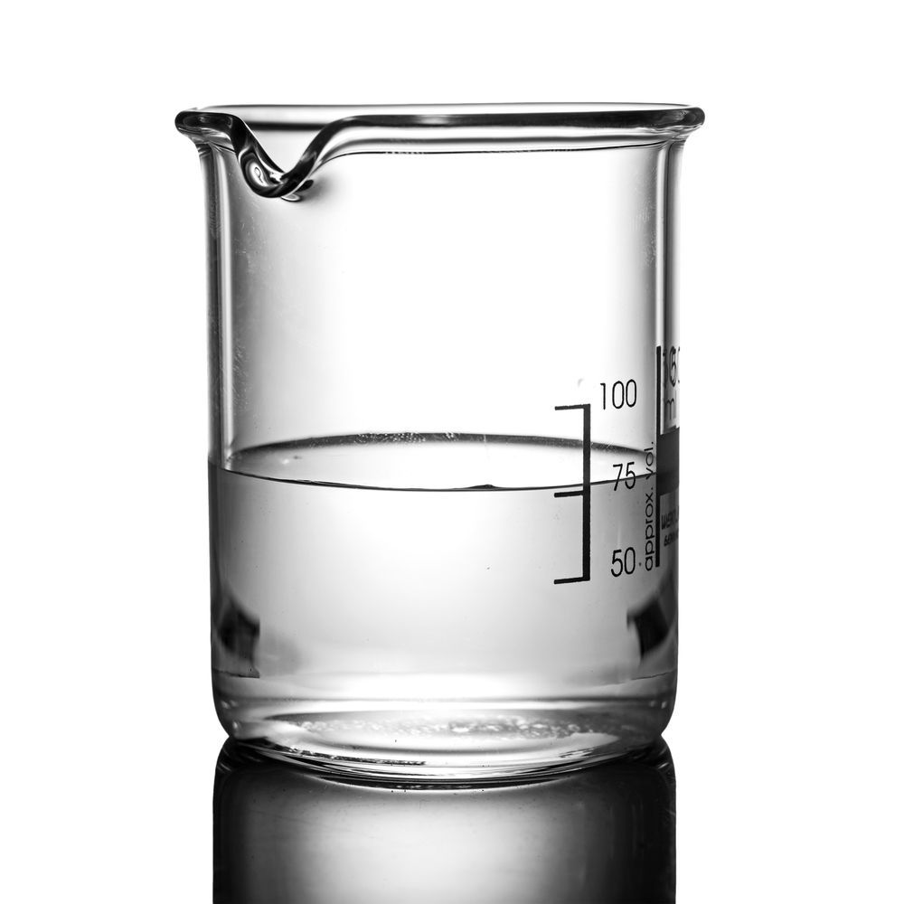 A beaker filled with liquid on a white background.