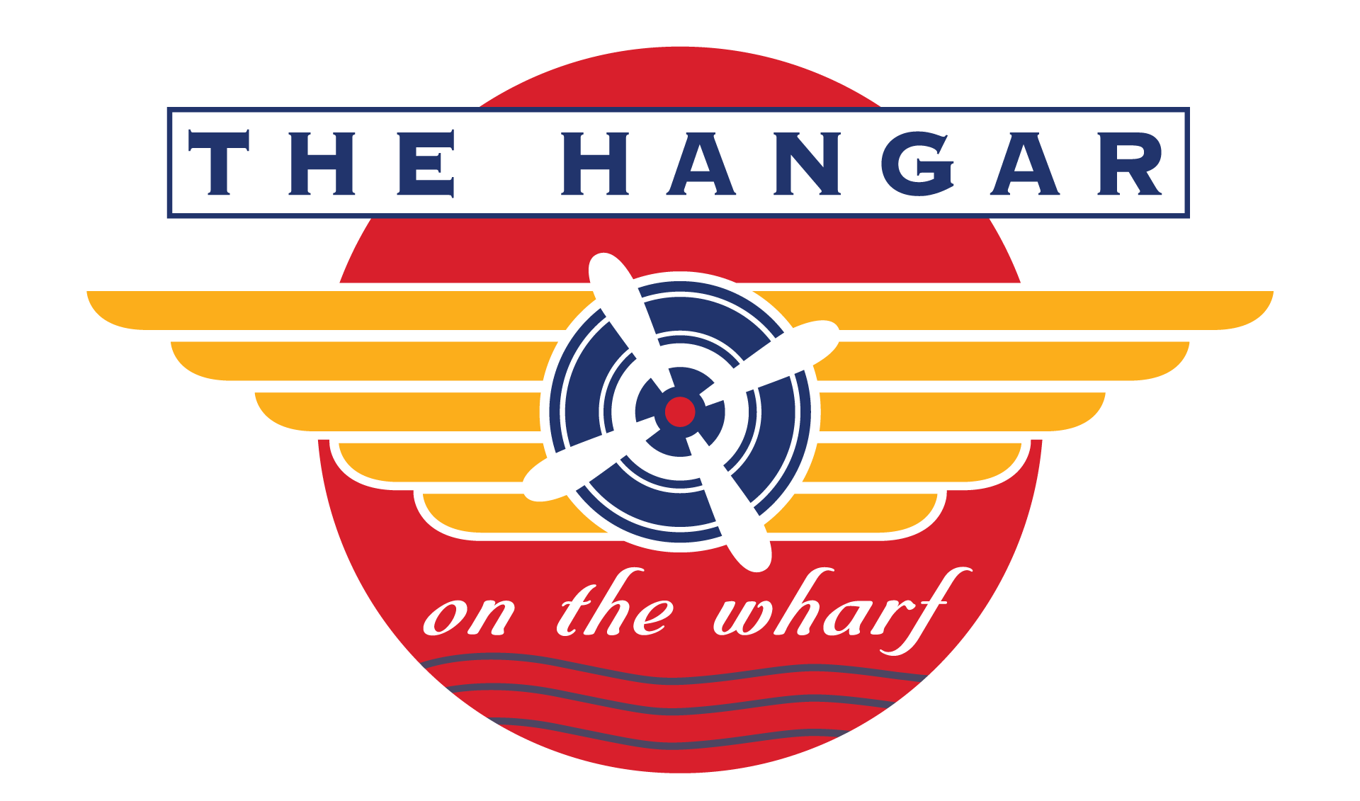 Logo for “The Hangar on the Wharf” with a blue airplane propeller over a red and orange sunburst.