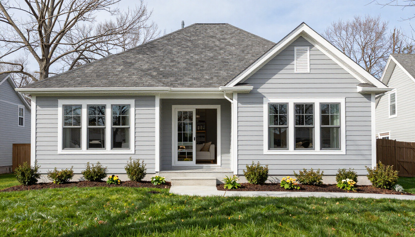Gray single-story house with white trim, front porch, and green lawn Gray single-story house with white trim, front porch, and green lawn