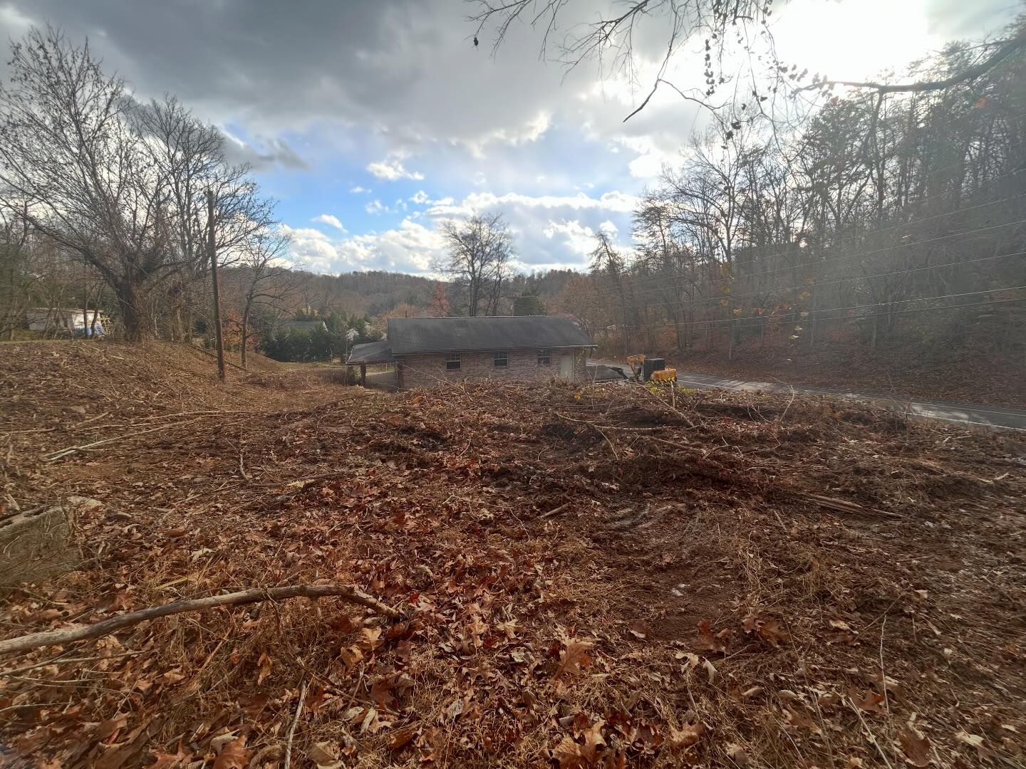 A cleared, leaf-covered lot with a house visible in the distance, surrounded by trees under a cloudy sky.