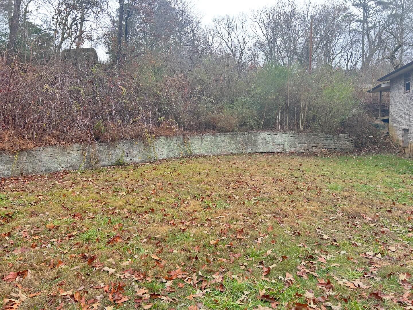 A grassy yard covered in leaves, bordered by a stone wall and overgrown bushes with a building on the right.