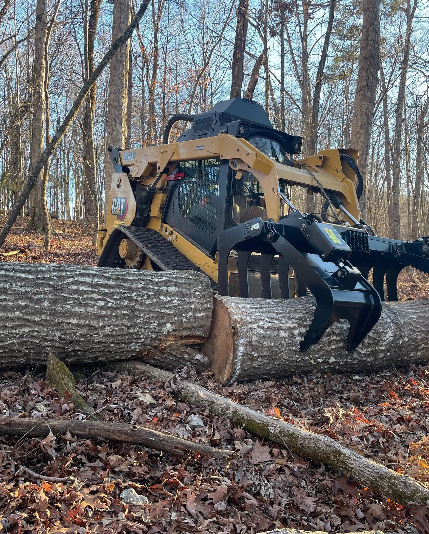 Yellow skid steer with grapple arms cutting a log in a wooded area.