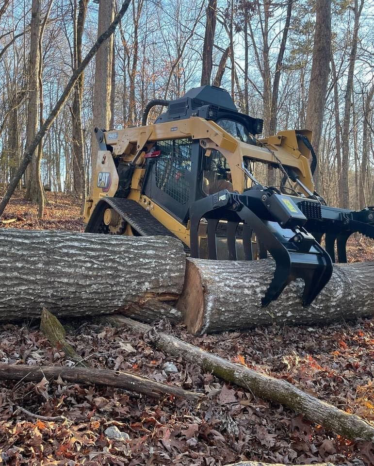 Yellow skid steer with grapple attachment holding a large log in a forest.