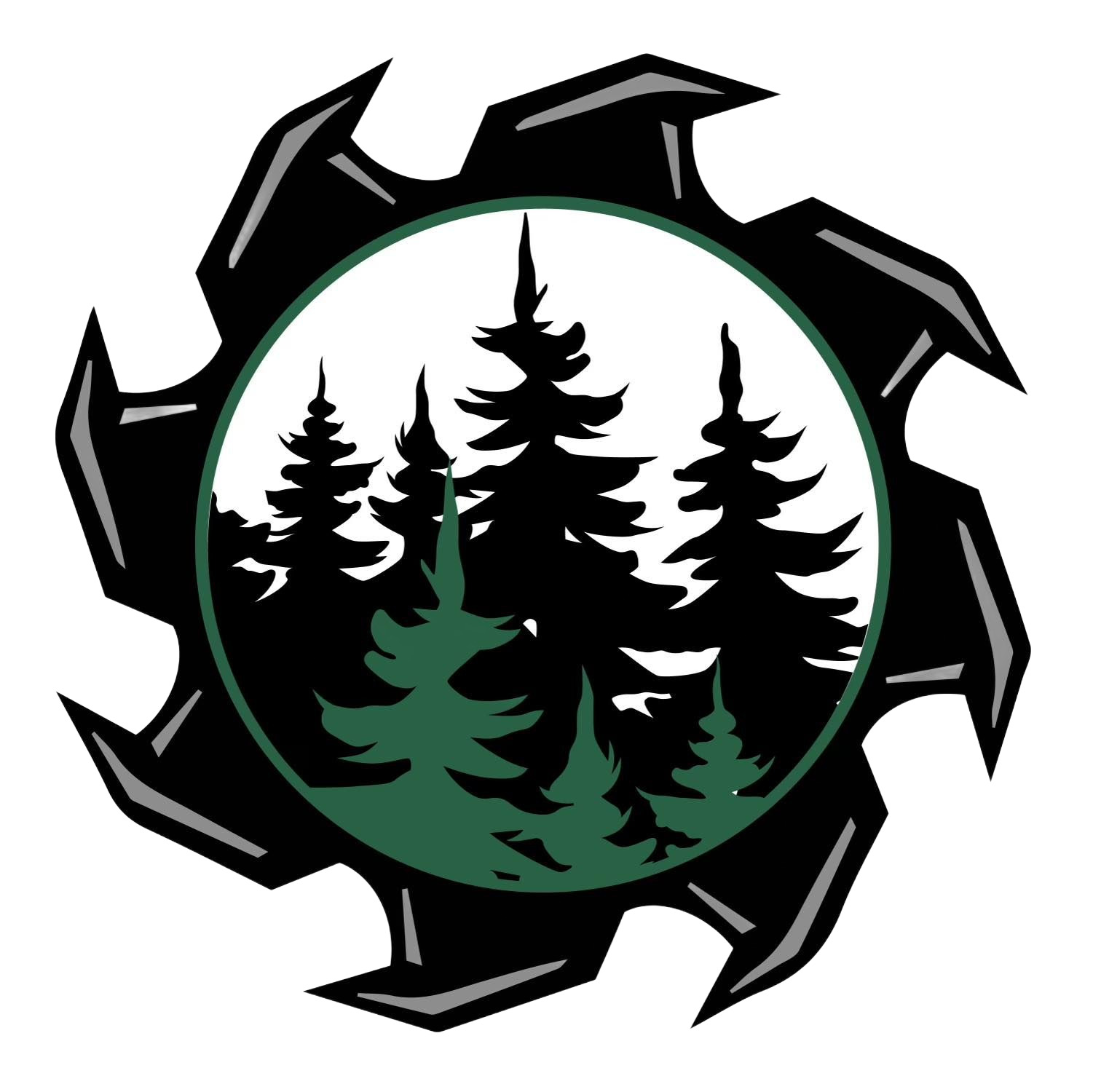 Saw blade encircling pine trees, with green and black color scheme.