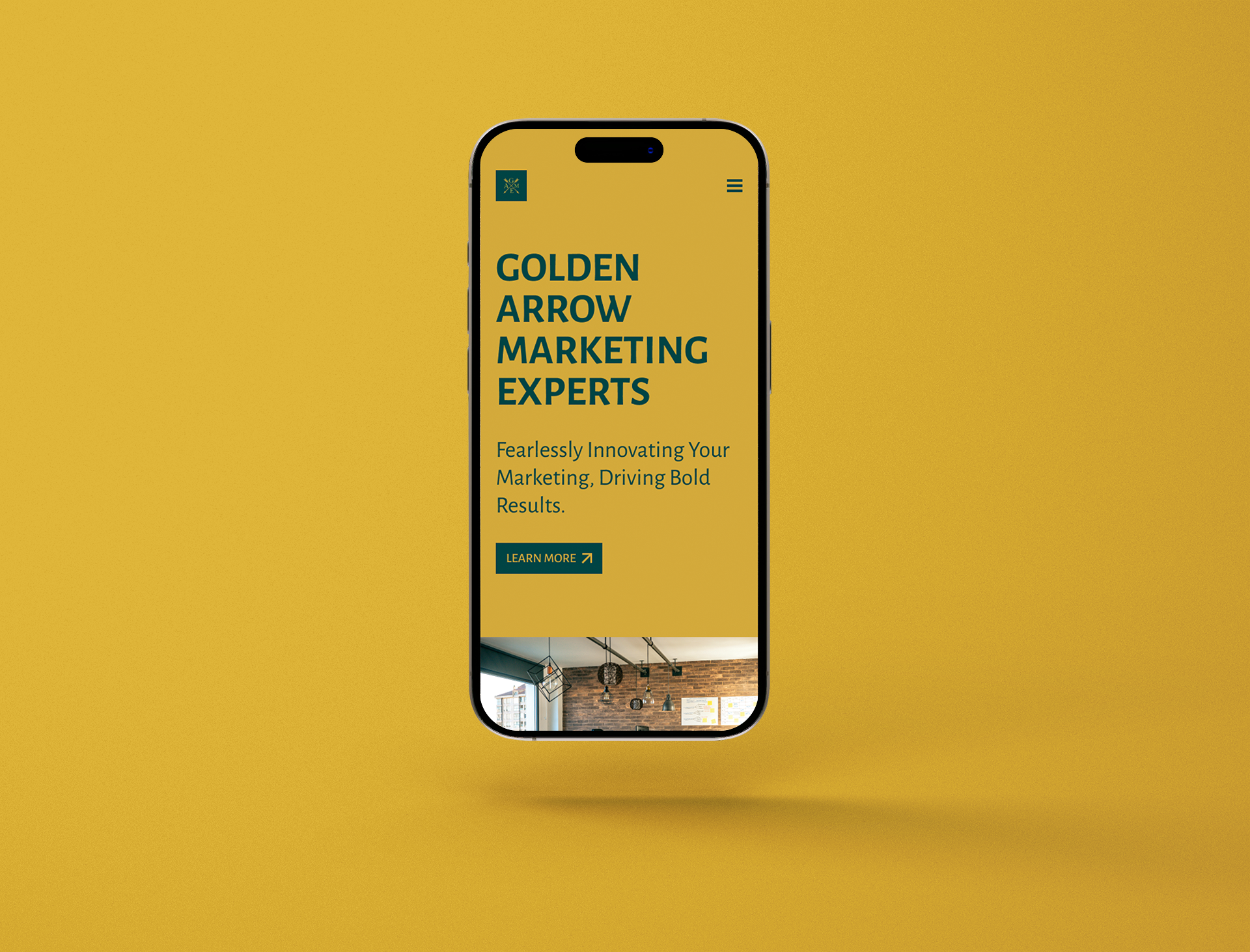 A cell phone is floating in the air on a yellow background.