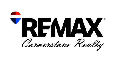 REMAX Cornerstone Realty logo in black, red, and blue on a white background