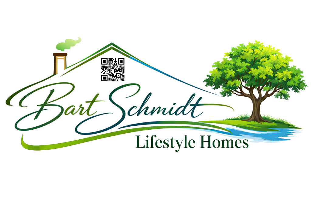 Bart Schmidt Lifestyle Homes logo with green house roof and tree over stylized script text