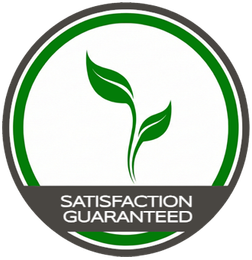 Green leaf logo with “Satisfaction Guaranteed” text in a gray and green circle