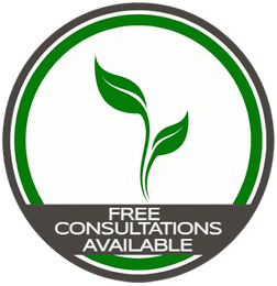 Green seedling logo with “FREE CONSULTATIONS AVAILABLE” text inside a circular border