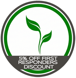 Green leaf logo with “5% off first responders discount” banner in gray and white.