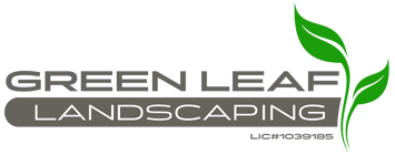 Green Leaf Landscaping logo with green leaf graphic and gray text on white background