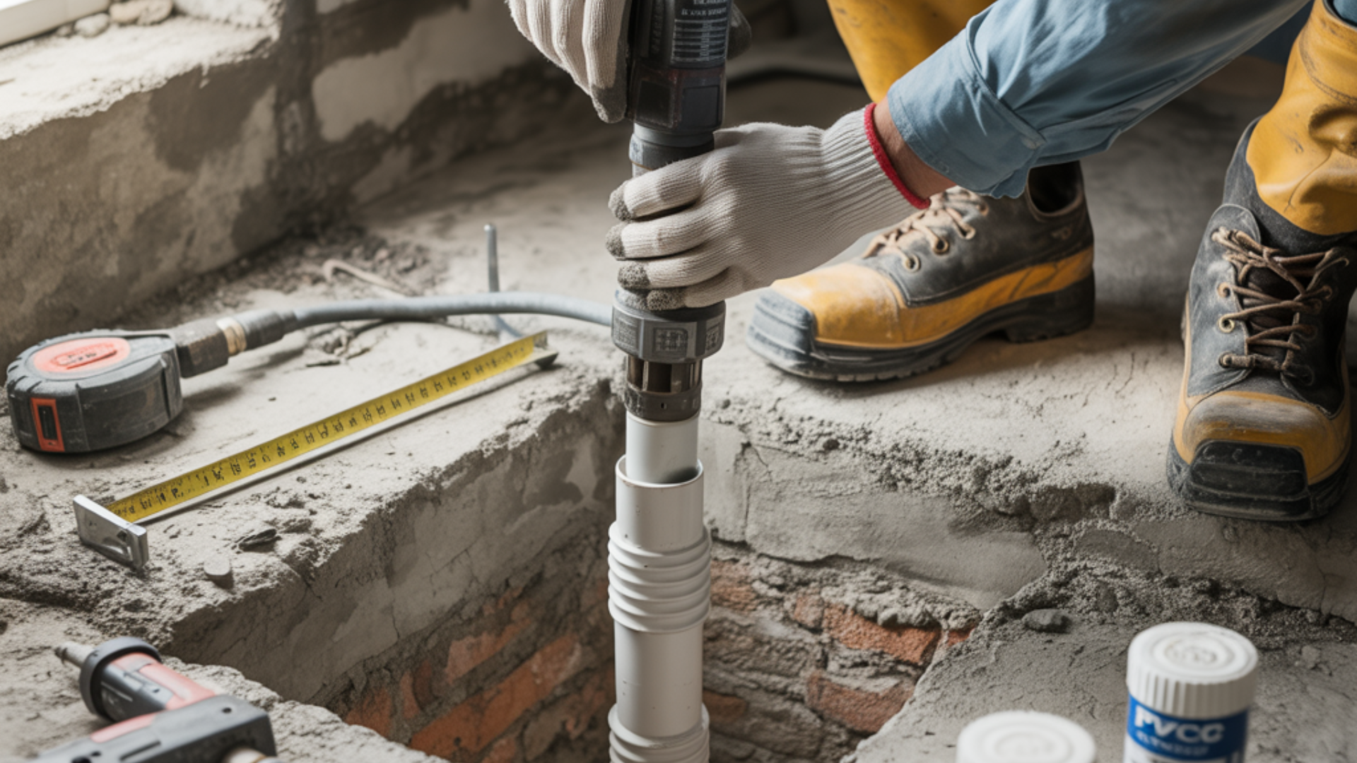 Person using a drill to install a pipe in a concrete area; construction work.