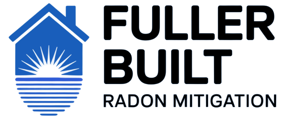 Logo of Fuller Built Radon Mitigation: blue house with sun rising over water, black text.