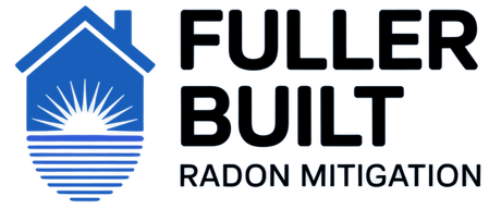 Logo of Fuller Built Radon Mitigation: blue house with sun rising over water, black text.