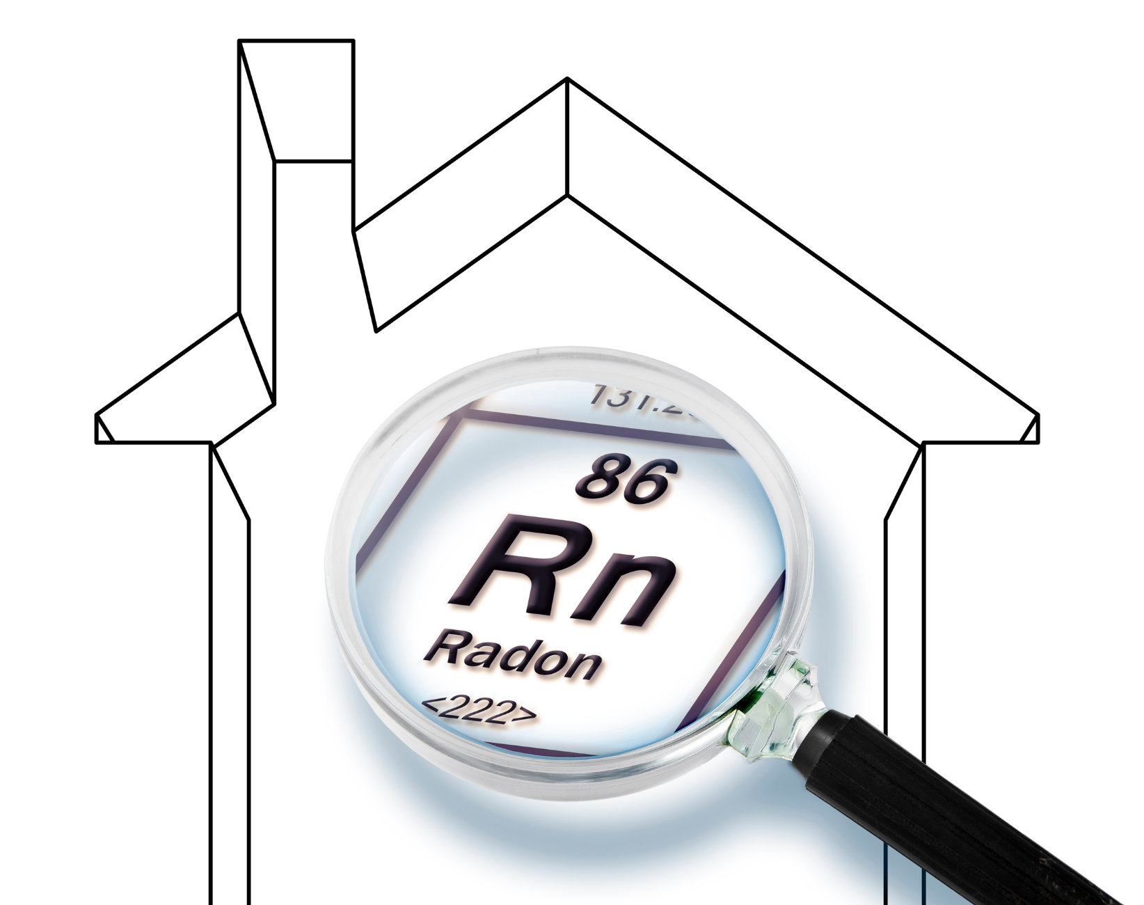 Outline of a house with a magnifying glass over a Radon symbol.