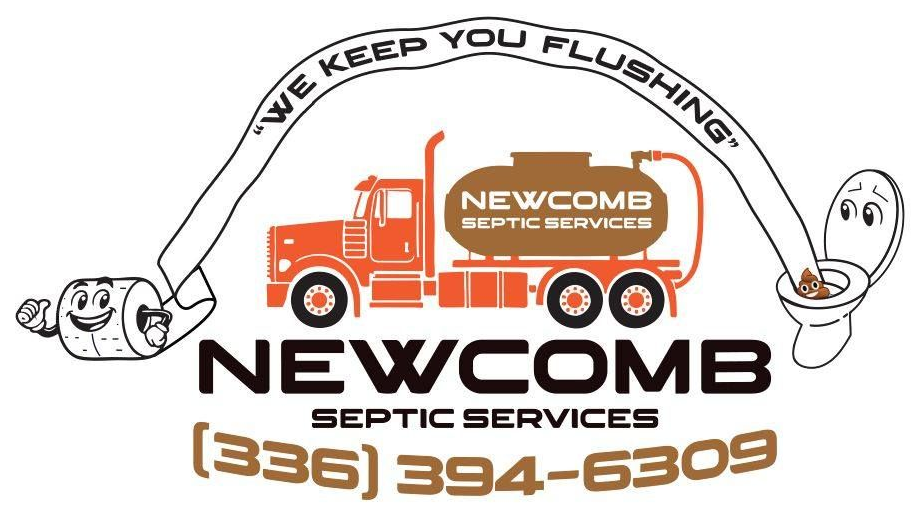 Logo for Newcomb Septic Services: a truck, toilet, and toilet paper with the company's name and phone number.