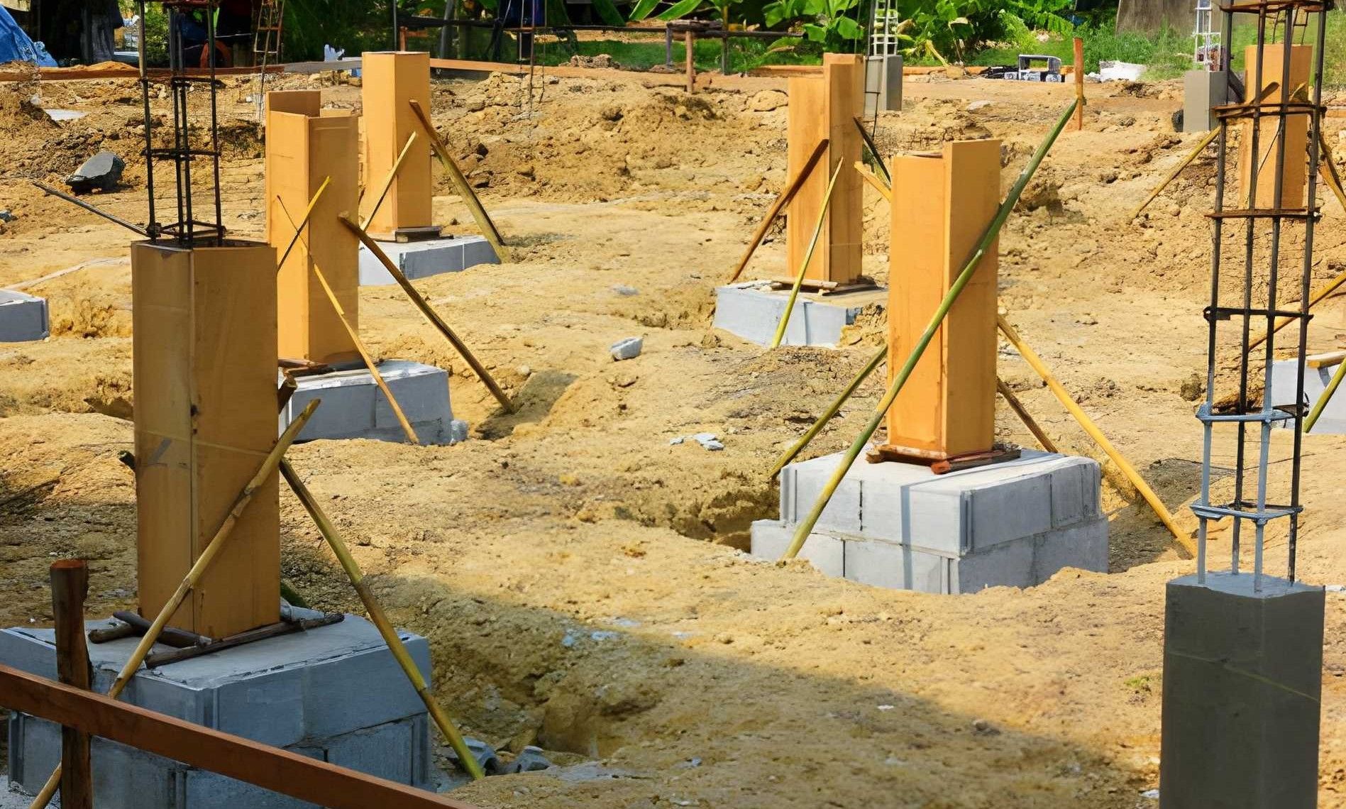 Wooden concrete formwork for a foundation, with bracing and set sections.