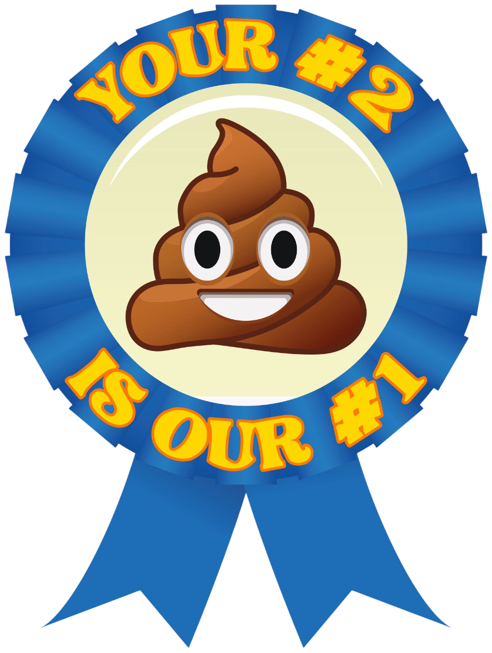 Blue ribbon badge with a smiling poop emoji and text 
