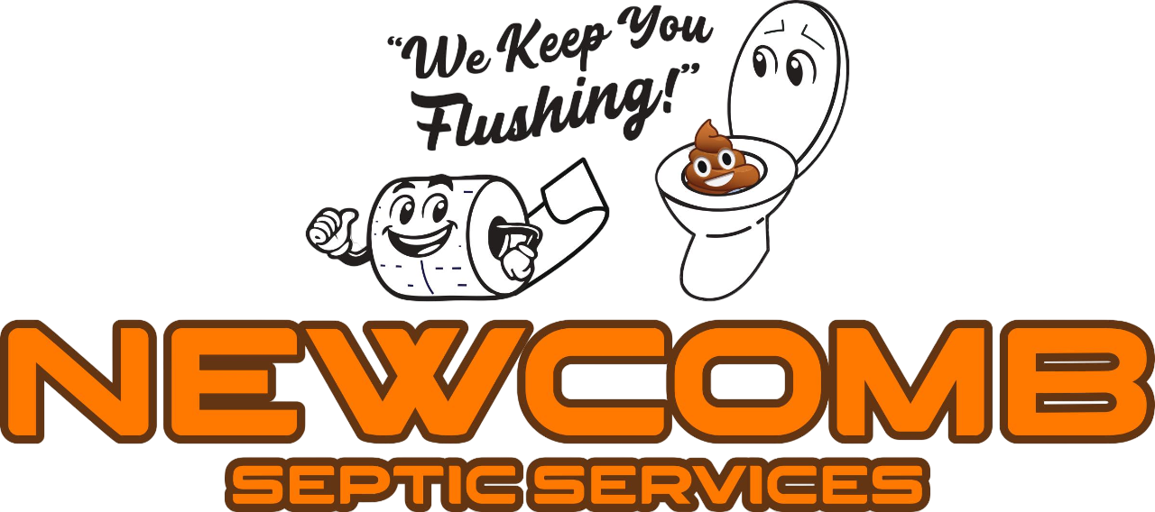 Logo for Newcomb Septic Services: a truck, toilet, and toilet paper with the company's name and phone number.
