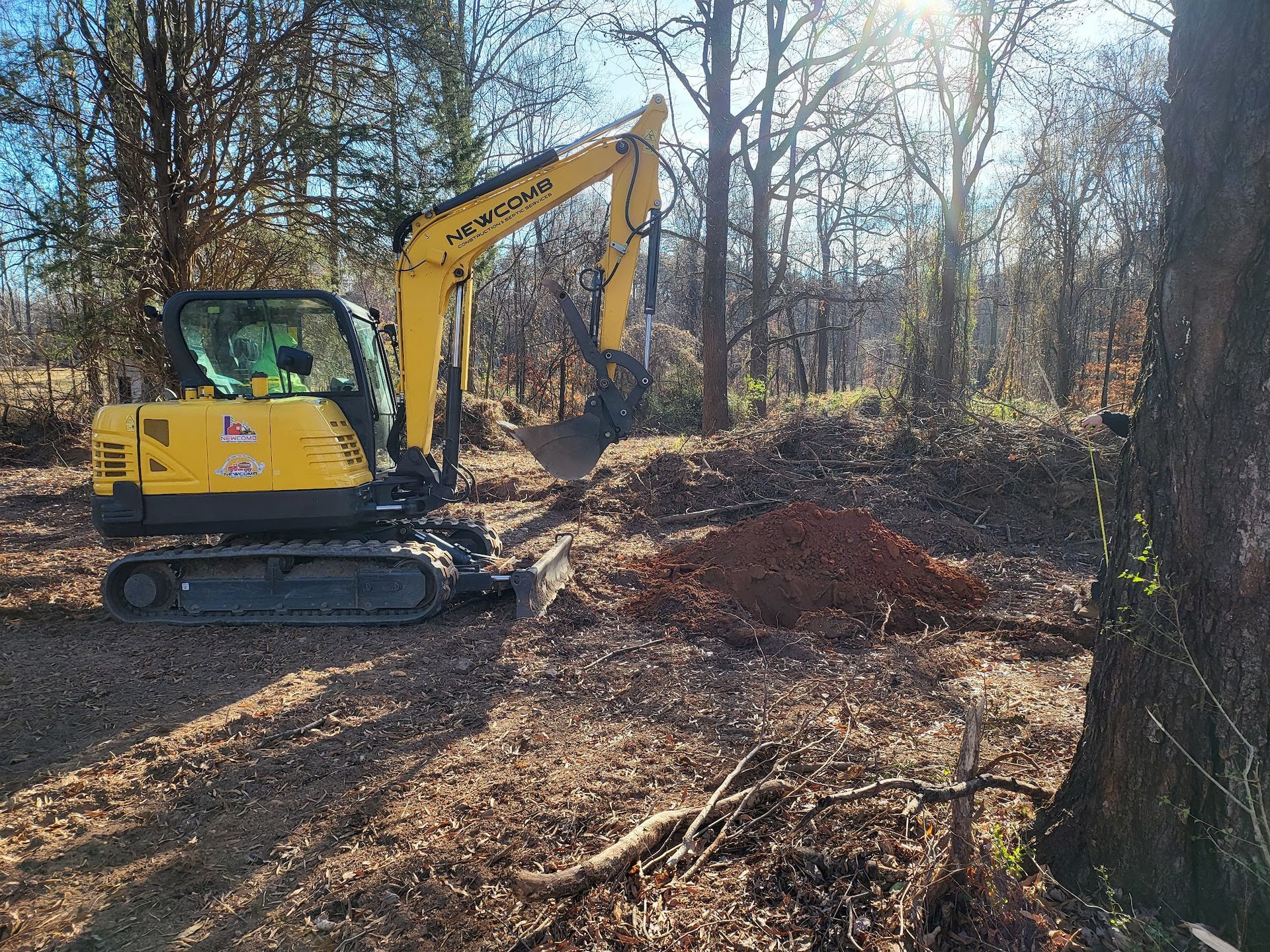 Yellow excavator digging in a wooded area; dirt pile and trees in the background.