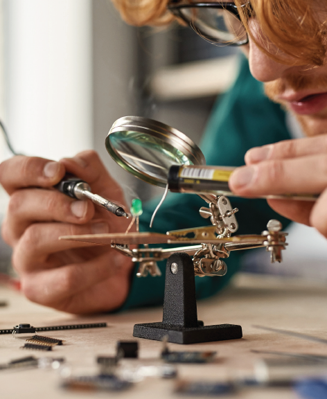 Group of diverse professionals smiling in an office hallway.