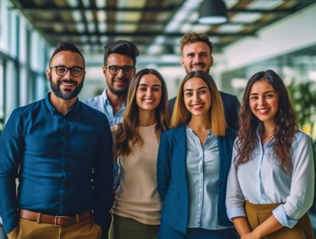 Smiling diverse group of business professionals in an office hallway.