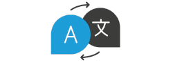 Icon representing a translation function, with two overlapping speech bubbles and curved arrows. One bubble is blue with