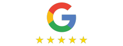 Google logo with five gold stars.