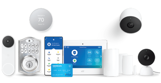 A hand holding a smartphone with a security app, a surveillance camera, and a house in the background.