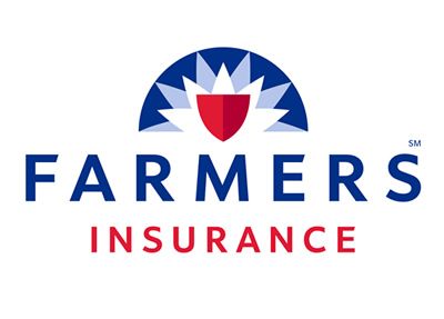 Farmers Insurance logo: blue and red design above text.