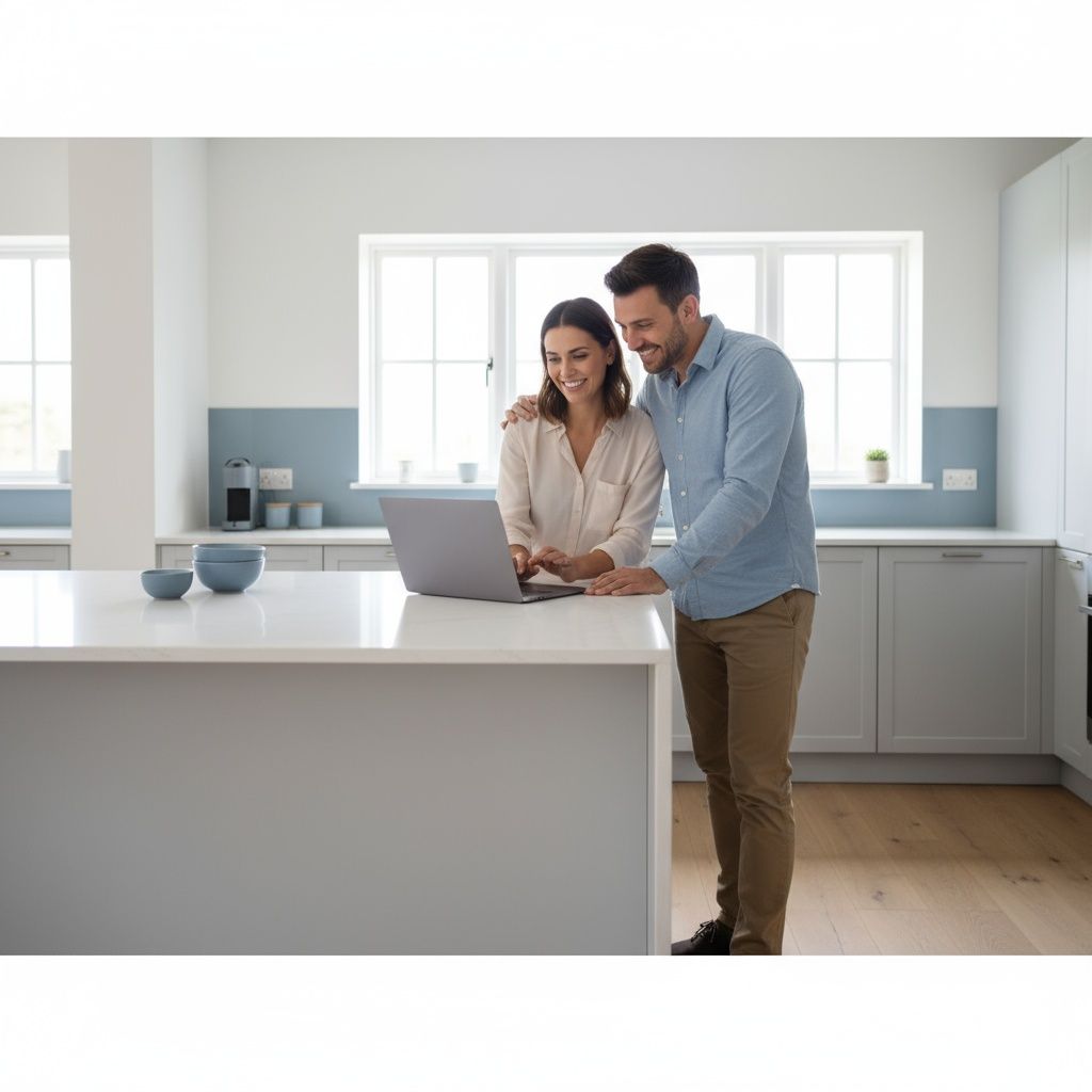 Woman in green shirt smiling at older couple at a desk in a brick-walled office.