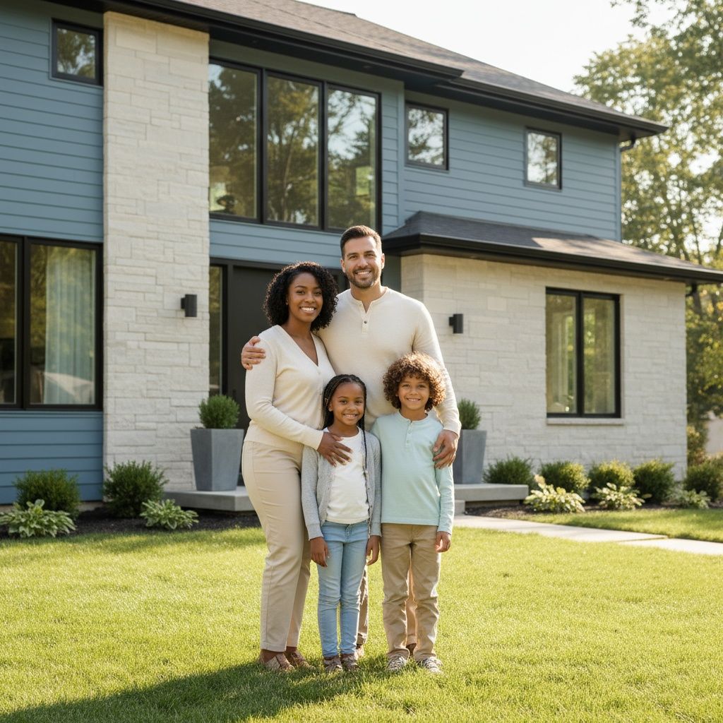 Family of four standing in front of a white house with arms outstretched, smiling.
