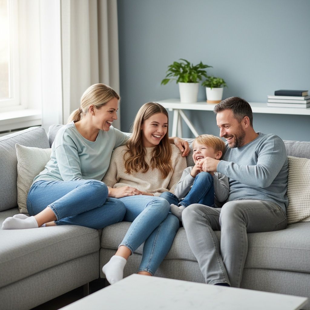 Family of four smiling in front of their house, posing with arms raised.