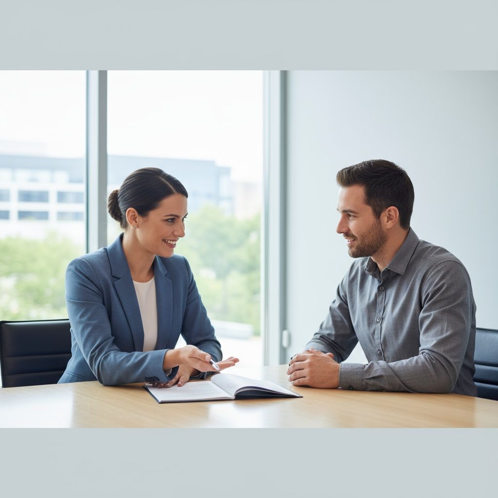 Woman in yellow top and blue jacket smiles, gesturing while talking to a couple at a desk in an office.