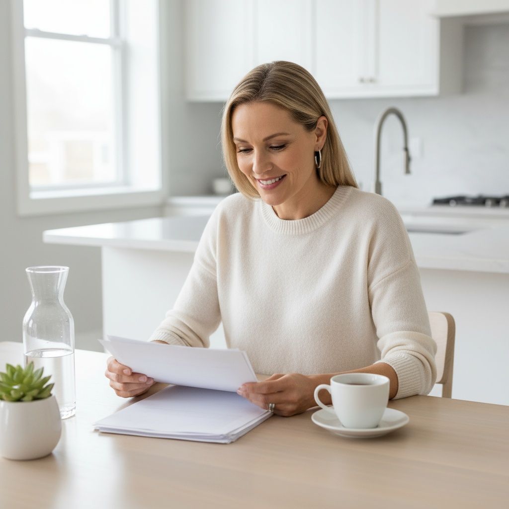 Woman in green sweater on phone at laptop, smiling, with coffee cup.