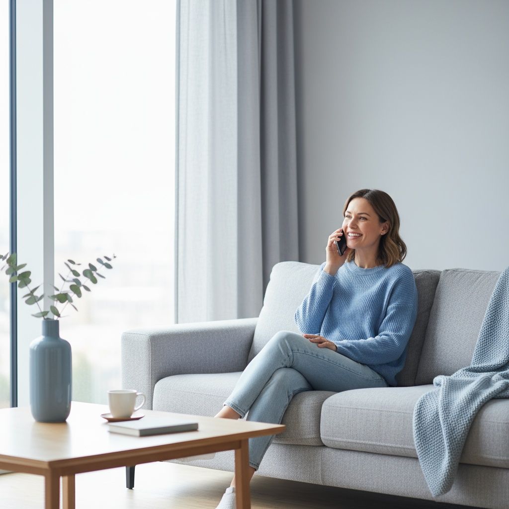 Woman wearing headset, smiling at camera; colleagues blurred in background.