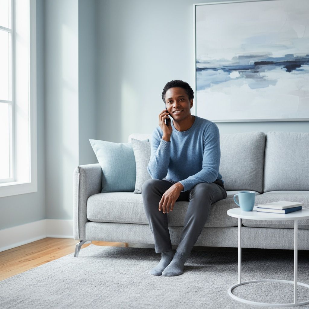 Woman wearing headset, smiling at the camera, with blurred coworkers in the background.