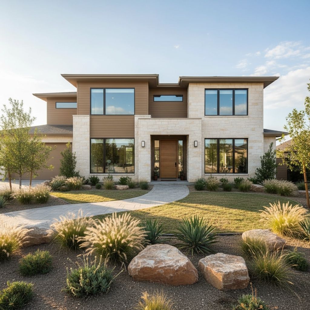Beige house with green lawn and walkway on a sunny day, three dormers, and blue sky.