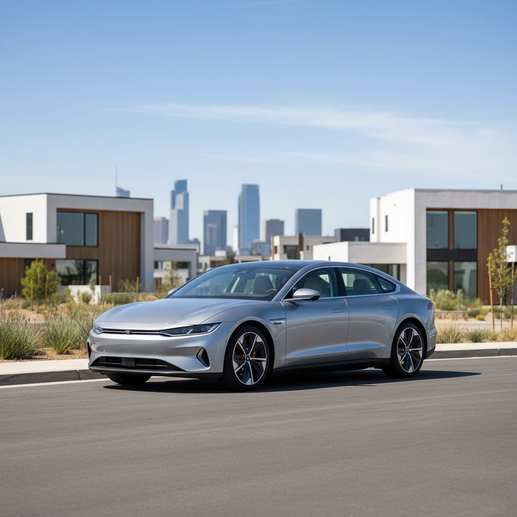 Woman smiling, driving a silver convertible car with the top down.