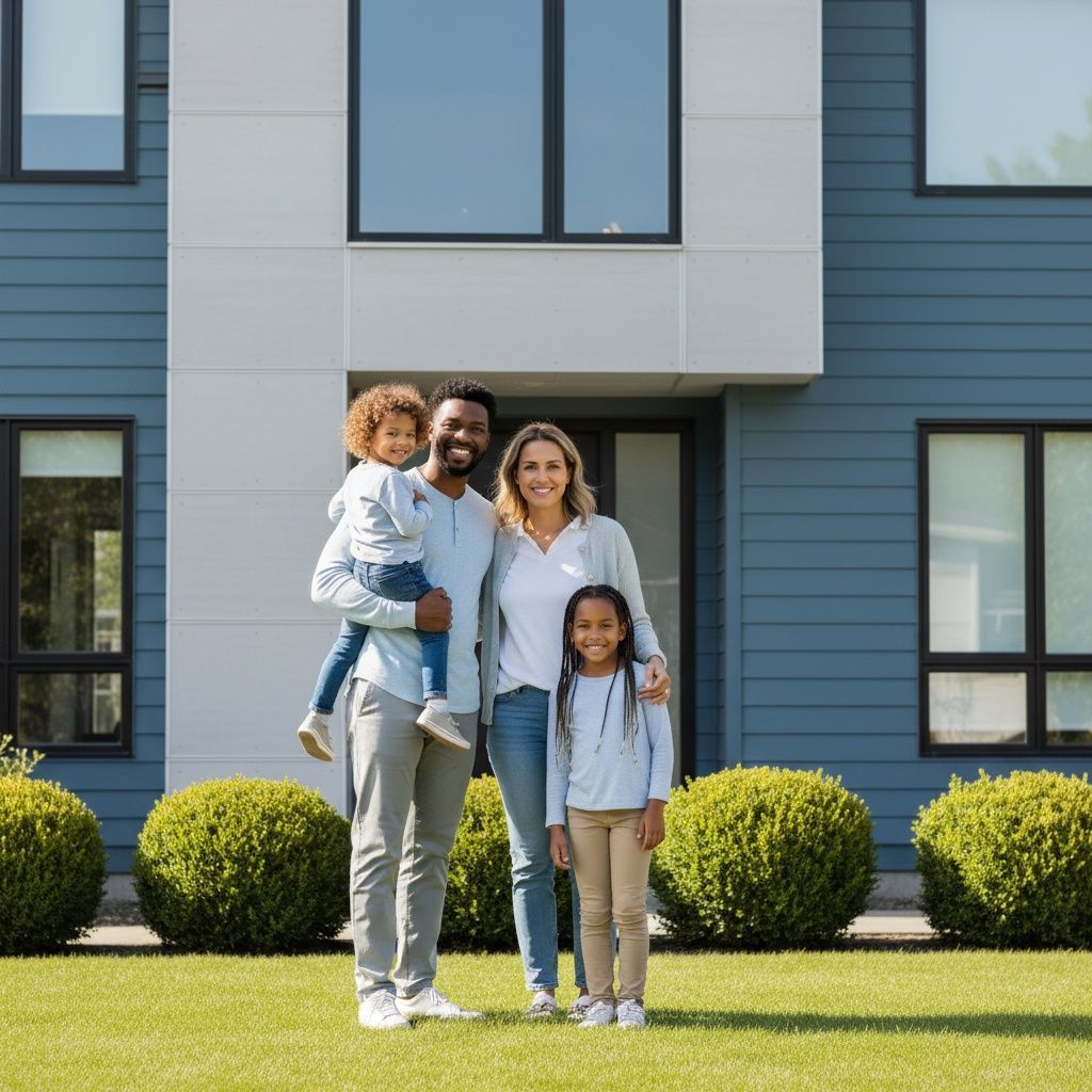 Couple standing in front of a house with a