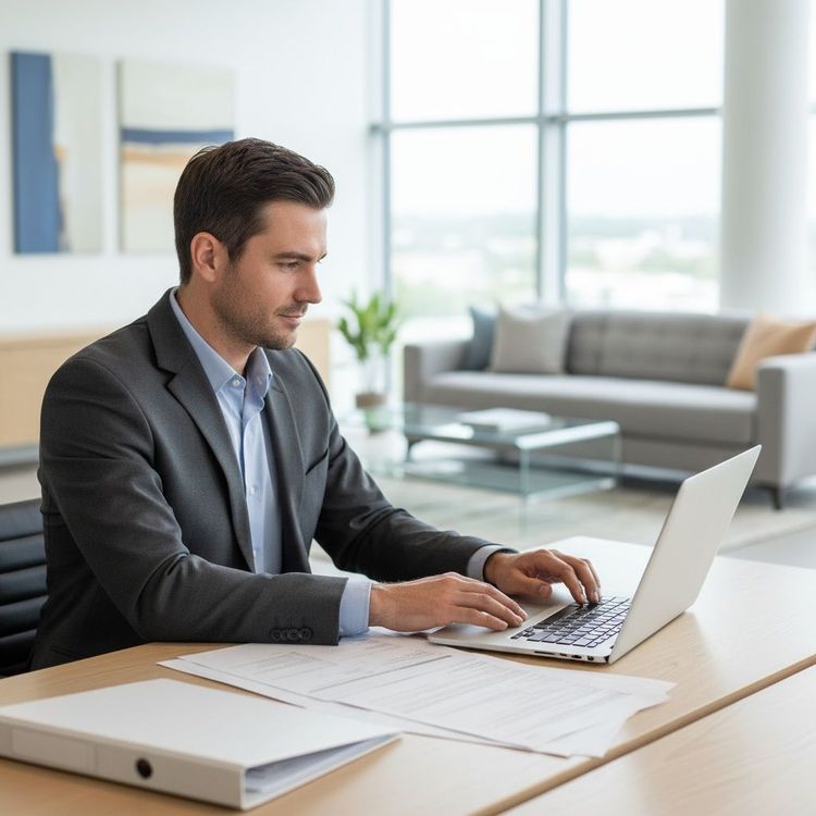 Man in suit typing on laptop at desk in office setting.