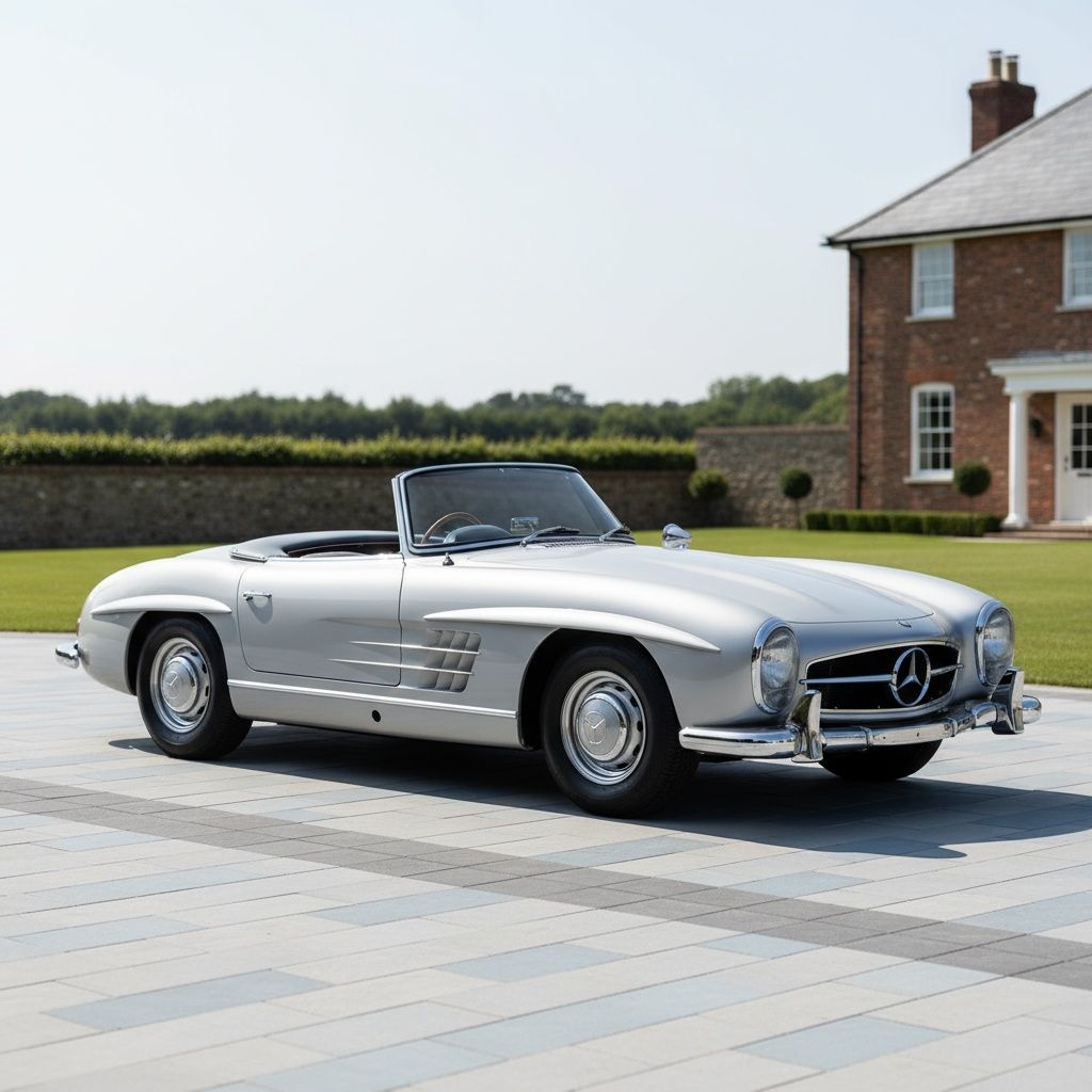 Red and white vintage convertible car; sun shining on the back quarter panel.