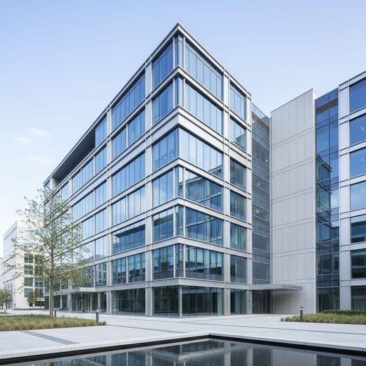 Modern office building with stacked, irregular glass boxes, surrounded by palm trees under a blue sky.
