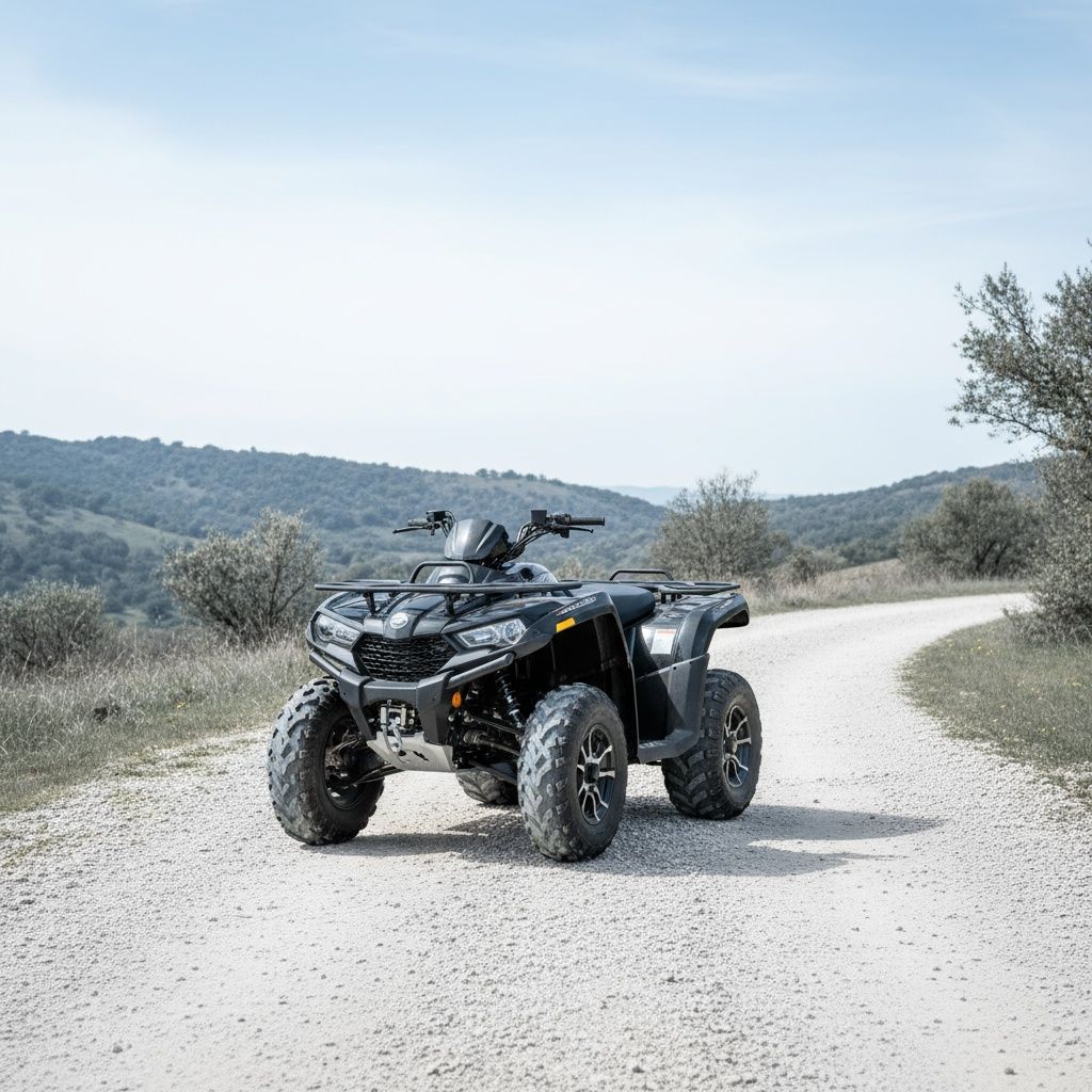 Man riding an ATV on a sandy track, kicking up sand, in front of a forest.